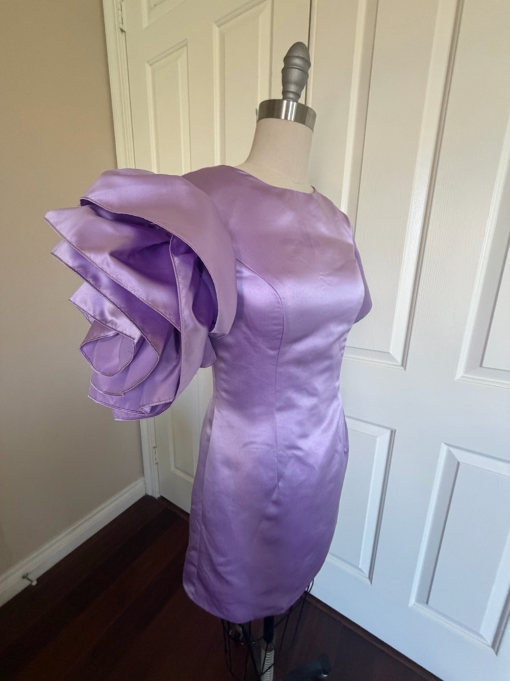 Lavender Satin One-Shoulder Ruffle Dress